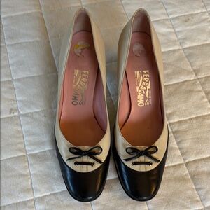 Salvatore Ferragamo Black and Cream Heels